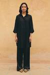 Buy_Maenaam_Black Silk Sequins, Embroidery Collared, Button-down Zoe Hand Shirt And Pant Set _at_Aza_Fashions