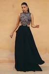 Maenaam_Black Polyester, Satin Embroidery, Sequins, Beads Amira Cut-out Top With Skirt _Online_at_Aza_Fashions