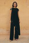 Buy_Maenaam_Black Polyester, Satin Beads, Sequins, Eira Asymmetric Hem Top And Pant Set  _at_Aza_Fashions