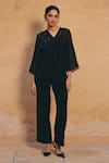 Buy_Maenaam_Black Silk, Satin Embroidery, Sequins, Beads V-neck Elara Hand Top And Pant Set _at_Aza_Fashions