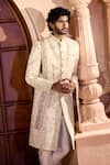Arihant Rai Sinha_Yellow Silk, Dupion Embroidery, Stones Floral Sherwani Set 