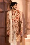 Shop_Arihant Rai Sinha_Orange Silk, Dupion Embroidery Floral Botanic Sherwani Set _at_Aza_Fashions