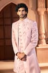Shop_Arihant Rai Sinha_Pink Silk, Dupion Embroidery, Beads Leaf Vine Layered Sherwani Set _at_Aza_Fashions