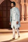 Arihant Rai Sinha_Green Velvet, Dupion, Silk Embroidery, Sequins, Placed Layered Sherwani Set 