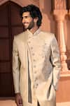 Shop_Arihant Rai Sinha_Beige Silk, Dupion Embroidery, Beads, Sequins Placed Layered Sherwani Set _at_Aza_Fashions