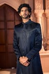 Shop_Arihant Rai Sinha_Navy Silk, Dupion Embroidery, Beads Placed Sherwani Set _at_Aza_Fashions