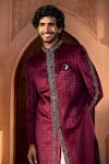 Shop Arihant Rai Sinha Wine Velvet, Dupion, Silk Embroidery Sherwani And Pant Set at Aza Fashions Shop_Arihant Rai Sinha_Wine Velvet, Dupion, Silk Embroidery Sherwani And Pant Set _at_Aza_Fashions