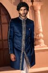 Shop Arihant Rai Sinha Navy Velvet, Dupion, Silk Embroidery, Metallic Thread, Sherwani And Pant Set at Aza Fashions Shop_Arihant Rai Sinha_Navy Velvet, Dupion, Silk Embroidery, Metallic Thread, Sherwani And Pant Set _at_Aza_Fashions