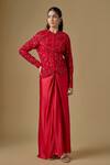 Buy Asaga Red Tulle, Satin Sequins, Embroidery Torrin Abstract Jacket With Draped Skirt at Aza Fashions Buy_Asaga_Red Tulle, Satin Sequins, Embroidery Torrin Abstract Jacket With Draped Skirt _at_Aza_Fashions