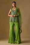 Buy_Asaga_Olive Green Satin, Tulle Embroidery, Sequins, Driftlyn Hand Kurta Sharara Set _at_Aza_Fashions