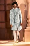 Arihant Rai Sinha_Green Velvet, Dupion, Silk Embroidery, Sequins, Placed Layered Sherwani Set 
