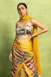 Vedika M_Yellow Tissue Sequins, Mirrors, Abstract Print Pleated Skirt And Dupatta Set _Online_at_Aza_Fashions
