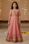 Minime Organics_Peach Viscose, Silk Gota Patti, Embroidery, Striped Lehenga And Blouse Set _Online_at_Aza_Fashions