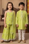 Minime Organics_Green Cotton, Lurex Lace Faux Mirror Kurta And Pyjama Set _Online_at_Aza_Fashions