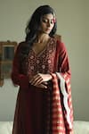 Shorshe Clothing_Red Tussar, Handloom Cotton, Tissue Embroidery Tannu Sitara Yoke Hand Kurta _Online_at_Aza_Fashions
