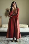 Buy_Shorshe Clothing_Red Tussar, Handloom Cotton, Tissue Embroidery Tannu Sitara Yoke Hand Kurta 