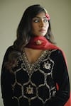 Shorshe Clothing_Black Velvet, Crepe Embroidery, Lace V-neck Rumi Zardozi Kurta With Churidar _Online_at_Aza_Fashions