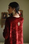 Shorshe Clothing_Red Velvet, Crepe Embroidery, Lace V-neck Rumi Zardozi Kurta And Churidar Set _Online_at_Aza_Fashions