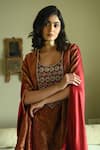 Shorshe Clothing_Red Round Neck Begum Hand Embroidered Cape _Online_at_Aza_Fashions
