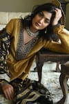 Shorshe Clothing_Gold Tissue Embroidery, Lace V-neck Churi Shabana Top And Gharara Set _Online_at_Aza_Fashions