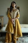 Buy_Shorshe Clothing_Gold Brocade, Tissue Embroidery, Lace V-neck Sitara Hand Kurta And Sharara Set _at_Aza_Fashions