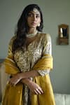 Shorshe Clothing_Gold Brocade, Tissue Embroidery, Lace V-neck Sitara Hand Kurta And Sharara Set _Online_at_Aza_Fashions