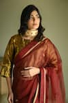 Shorshe Clothing_Red Organza Embroidery, Patchwork, Lace Rubina Cross Butta Saree _Online_at_Aza_Fashions