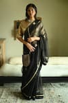 Buy_Shorshe Clothing_Black Organza Embroidery, Lace Rubina Cross Butta Patchwork Saree _at_Aza_Fashions