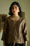 Buy_Shorshe Clothing_Brown Chanderi Silk, Tissue, Crepe V-neck Reshma Handwoven Blouse _at_Aza_Fashions
