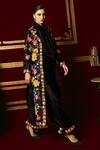 Chandrima_Black Chanderi Embroidery, Beads Collared Floral Thread Work Long Jacket _Online_at_Aza_Fashions