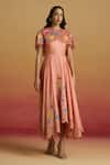 Buy_Chandrima_Peach Chanderi Embroidery, Beads, Cut Work Apricot Cape Detail Flounce Dress _at_Aza_Fashions