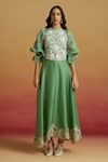 Buy_Chandrima_Green Silk Organza Embroidery, Beads, Cut Work Sage Contrast Flounce Dress _at_Aza_Fashions