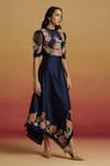 Chandrima_Navy Chanderi Embroidery, Beads High Neck Indigo Floral Asymmetric Dress _Online_at_Aza_Fashions