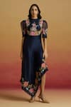 Buy_Chandrima_Navy Chanderi Embroidery, Beads High Neck Indigo Floral Asymmetric Dress _at_Aza_Fashions