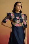 Buy_Chandrima_Navy Chanderi Embroidery, Beads High Neck Indigo Floral Asymmetric Dress _Online_at_Aza_Fashions