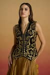 Buy_Chandrima_Black Velvet, Silk Embroidery, Metallic Thread And Gold Embellished Waistcoat _at_Aza_Fashions