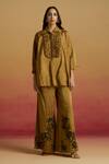 Buy_Chandrima_Gold Tissue Crystals Collared Smocked Shirt _Online_at_Aza_Fashions