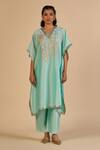 Buy Gulabo By Abu Sandeep Aqua Chanderi Sequins, Embroidery V-neck Kaftan With Trim at Aza Fashions Buy_Gulabo By Abu Sandeep_Aqua Chanderi Sequins, Embroidery V-neck Kaftan With Trim _at_Aza_Fashions
