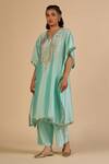 Gulabo By Abu Sandeep Aqua Chanderi Sequins, Embroidery V-neck Kaftan With Trim Online at Aza Fashions Gulabo By Abu Sandeep_Aqua Chanderi Sequins, Embroidery V-neck Kaftan With Trim _Online_at_Aza_Fashions