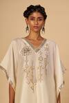Gulabo By Abu Sandeep Off White Chanderi Embroidery, Sequins, Metallic Thread V-neck Kaftan Online at Aza Fashions Gulabo By Abu Sandeep_Off White Chanderi Embroidery, Sequins, Metallic Thread V-neck Kaftan _Online_at_Aza_Fashions