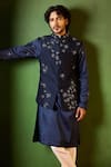 Shop_Shreyansh Designs_Blue Dupion, Silk Embroidery, Beads Paritosh Floral Bundi And Kurta Set _Online_at_Aza_Fashions
