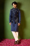 Buy_Shreyansh Designs_Blue Dupion, Silk Embroidery, Beads Paritosh Floral Bundi And Kurta Set _at_Aza_Fashions