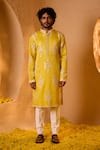 Buy_Shreyansh Designs_Yellow Silk Mirrors, Embroidery Suryansh Work Kurta And Pant Set _at_Aza_Fashions