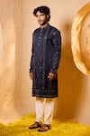 Shop_Shreyansh Designs_Blue Silk Mirrors, Embroidery Adhyant Work Kurta And Pant Set _at_Aza_Fashions