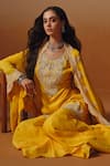 Shop_Saniya Sharma_Yellow Silk Embroidery, Sequins, Stones Round Neck, Kashish Cape And Kurta Set _Online_at_Aza_Fashions