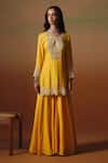 Saniya Sharma_Yellow Silk Embroidery, Sequins, Stones Round Neck, Kashish Cape And Kurta Set _at_Aza_Fashions