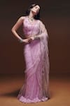 Buy_Saniya Sharma_Pink Net Embroidery, Sequins V-neck Nazr Pre-draped Saree With Blouse _at_Aza_Fashions