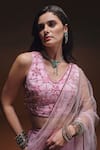 Buy_Saniya Sharma_Pink Net Embroidery, Sequins V-neck Nazr Pre-draped Saree With Blouse _Online_at_Aza_Fashions
