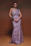 Buy_Saniya Sharma_Purple Organza Sequins, Zari, Beads, Kaaya Printed Pre- Draped Saree With Blouse _Online_at_Aza_Fashions