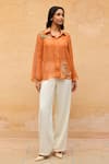 Buy_Maenaam_Orange Polyester, Organza, Satin Embroidery, Sequins Sirae Hand Top And Pant Set _at_Aza_Fashions